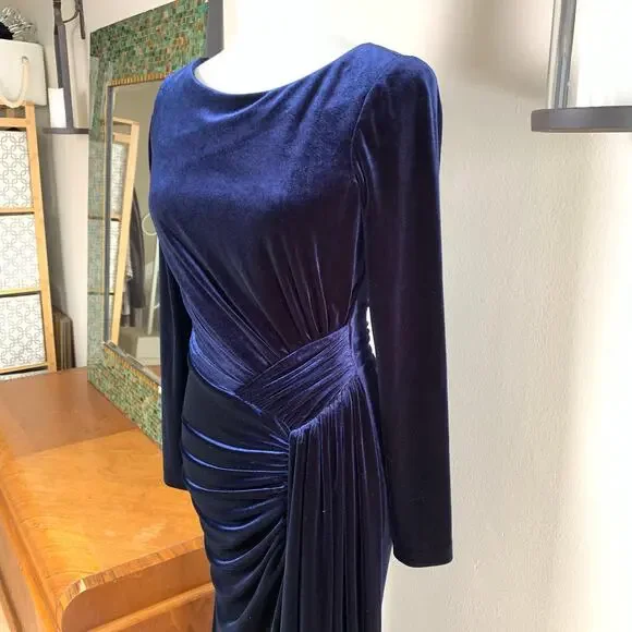 Vince Camuto Size 8 Maxi Dress Gown Midnight Blue Velvet Draped Formal Holiday - Picture 4 of 12